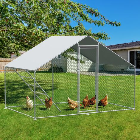 Enclos pour poules 3 x 3 x 2 m en métal argenté avec bâche étanche, serrure de sécurité et grillage hexagonal (1/5)