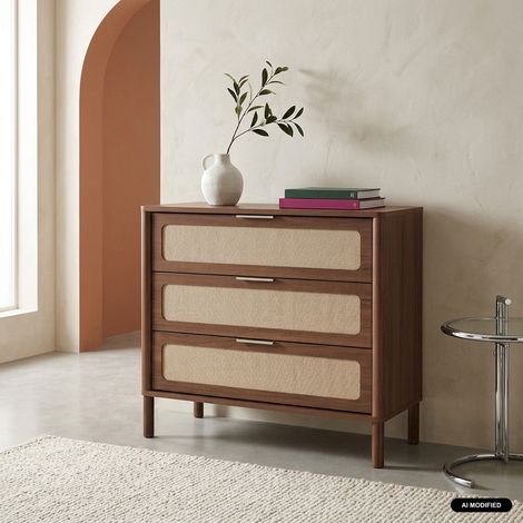 Commode vintage décor bois et cannage 3 tiroirs noyer - Etta