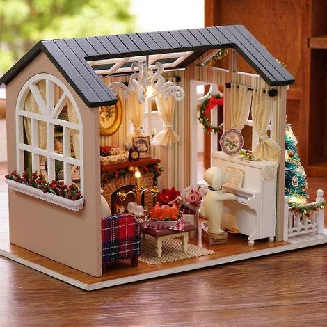 Kit de maison de poupée miniature de Noël à monter soi-même. Mini maison en bois 3D réaliste avec chambre, meubles et lumières LED. (1/4)
