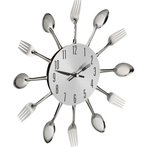 Horloge murale design originale cuisine repas ambiance cosy 30 x 30 x 5 cm en métal argenté (1/5)