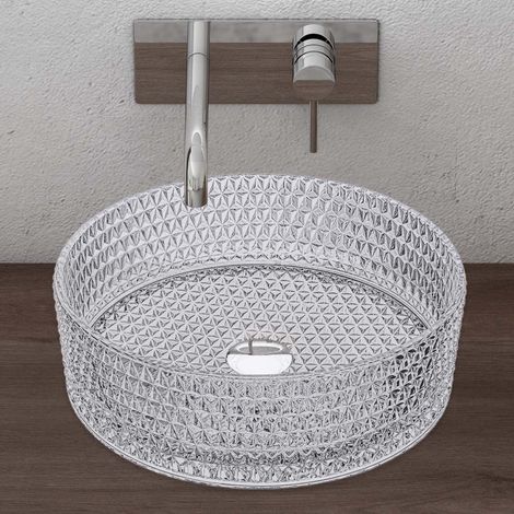 doporro Lavabo da Appoggio in Vetro Temperato Lavandino Bagno Rotondo 39 x 39 x 12 cm Trasparente Lavello Design Artistico con Texture per Cucina WC Ospiti Minerva07
