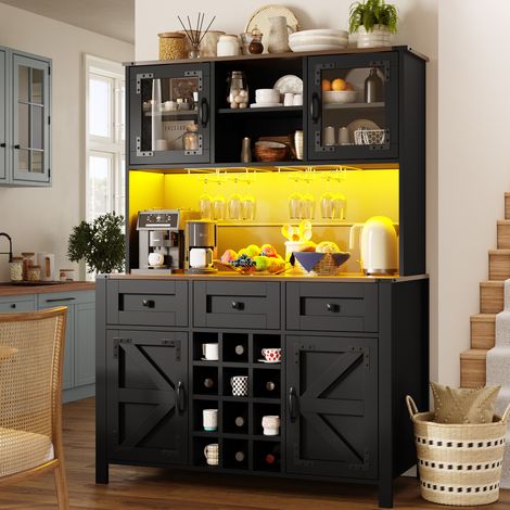 Buffet haut 120x40x170 cm noir en MDF et verre avec LED, prises USB et rangement à portes (1/5)