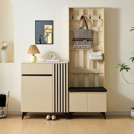 Mobili moderni per l'ingresso in legno chiaro: scarpiera, appendiabiti e panca - Design intramontabile e pratico. (1/5)