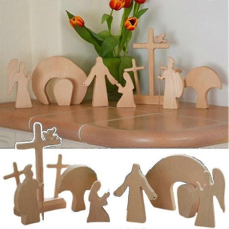 Crèche de Pâques en bois avec figurine du Christ ressuscité, décoration de Pâques pour la maison (1/2)