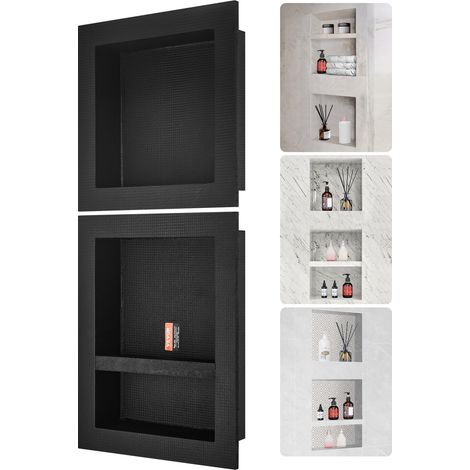 VEVOR Nicchia da Incasso per Bagno Doccia 40,64x40,64cm & 40,6x50,8cm, Nicchia da Parete 3 Spazio in Plastica XPS Impermeabile, Nicchia da Incasso a Parete per Sapone da Bagno con Mensola Colore Nero (1/5)