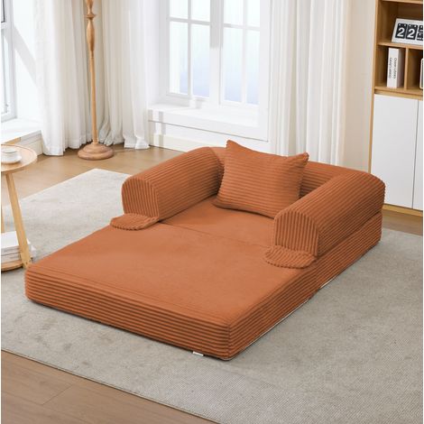 Canapé convertible 1 place en tissu côtelé orange, 120 x 85 x 65 cm, avec coussin HAVRYA (1/5)