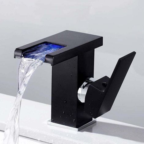 LED Bathroom Sink Faucet Waterfall Hot and Cold Water (Black) MUMU (1/4)