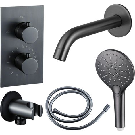 FugaFlow Eccelente Ensemble robinet de baignoire - bec - 22cm raccourcissable - flexible lisse - douchette ronde - corps encastré - support mural - (1/5)