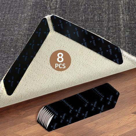 Lot de 8 patins antidérapants réutilisables - Côtés adhésifs doubles faces - Pour tapis sur parquet et sols durs - Maintien des coins à plat - Transparent (1/5)
