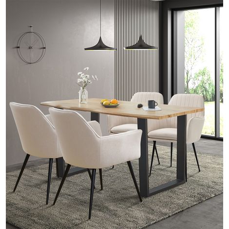 Hallowood Furniture Cullompton Dining Table and Chairs Set 4, Live Edge Effect Kitchen Table and Chairs in Beige Fabric with Armrests, Modern Dining Room Sets for Home and Cafe (160cm)