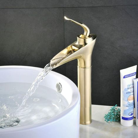 Brushed Gold Waterfall Bathroom Faucet, High-Flow Solid Brass Basin Mixer Tap, Antique Retro Style, Adjustable Hot and Cold Water, Ceramic Valve (1/5)