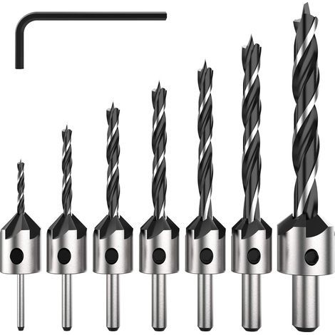 7 Pièce Hss 5 Flûte Jeu De Foret Fraise Bit De Vis À Bois Chanfrein Pour Diverses Vis De Longueur Par Simple Desserrer Et Resserrer La Vis, 3-6mm Set Outil (1/5)