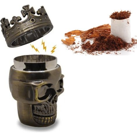 Dreilagige Gewürzmühle, Kräutermühle, Tabakmühle, Totenkopf mit Krone zum Selberkochen, Bronze (1/5)