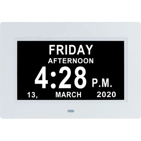 Blanc Horloge numérique 7 pouces Cadre photo numérique Horloge calendrier avec police de caractères surdimensionnée Ecran IPS Horloge numérique HD (1/4)