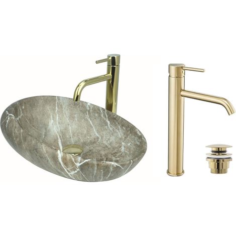 GTM Design Aufsatzwaschbecken 49 cm Matt Set mit Waschtischbatterie und Stopfen - Aufsatzwaschbecken Oval für Badezimmer - Modern Waschbecken ohne Hahnloch - Waschbecken mit Armature (1/5)