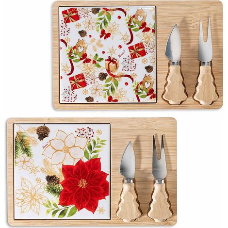 Set apéritif planche de Noël en bois et céramique décor poinsettia avec 2 couteaux, lot de 2, planche : 26,5 x H. 17 cm