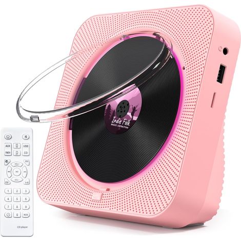 Lecteur CD Bluetooth 5.1 bureau, 5W double haut-parleurs, télécommande, anti-poussière, FM, minuterie, rose.