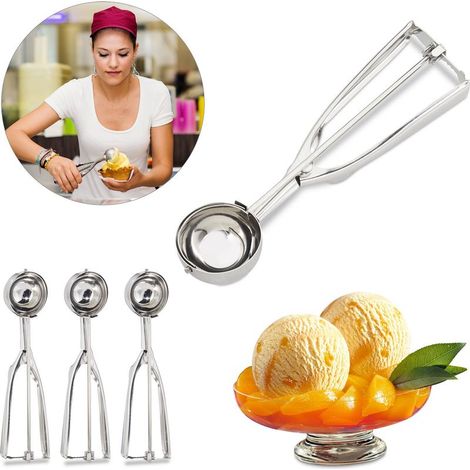 Cuillère à glace en acier inoxydable, lot de 4, Cuiller sorbets et fruits inox, levier, ∅ 53 mm, crème glacée, argenté (1/5)