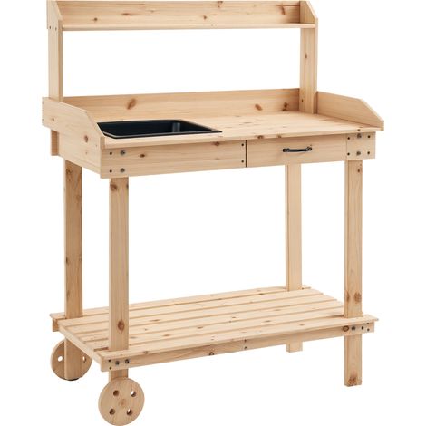 Outsunny Wood Potting Bench Work Table w/ 2 Wheels & Drawer, 92x45x119cm