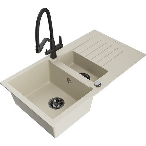 Mexen Matias 1,5-Becken-Granitspüle mit Abtropffläche und Mischbatterie Duo, Beige - 6502-69-671701-