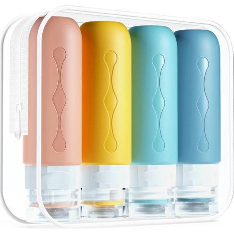 Flacone da viaggio per articoli da toilette, approvato dalla TSA, senza BPA, a prova di perdite, ricaricabile con aperture per erogare shampoo, lozioni e saponi. (1/3)