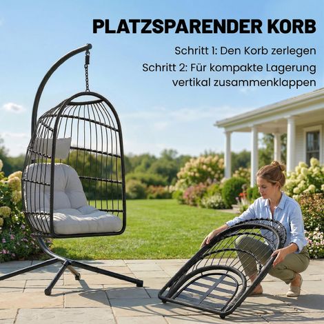 Fauteuil suspendu pliable avec cadre, corbeille en rotin synthétique avec coussin, ceinture de sécurité, appui-tête et sangles, hauteur réglable (1/4)