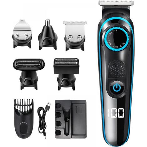 Tondeuse à cheveux et à barbe électrique professionnelle 5 en 1 avec écran LCD, sans fil, rechargeable par USB et étanche. (1/4)
