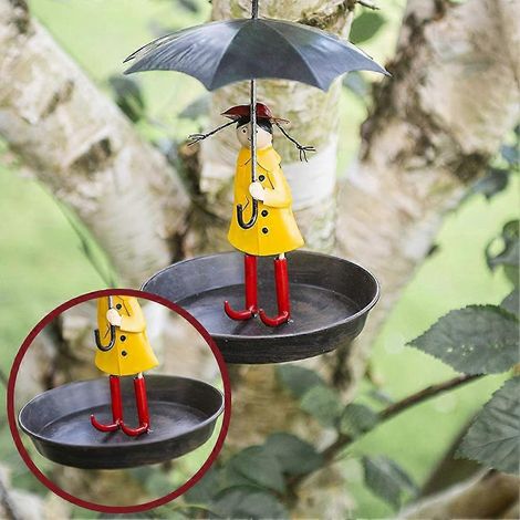 Mangeoire suspendue en métal avec chaîne, motif fille et parapluie, pour oiseaux sauvages de jardin. Plateau inclus. (1/2)