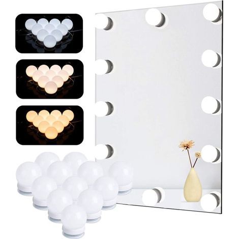 Kit d'éclairage pour miroir Natseekgo. 12 ampoules LED style Hollywood. intensité réglable. pour miroir de salle de bain. 3 couleurs. 10 niveaux de luminosité. avec adaptateur (miroir non inclus) (1/5)