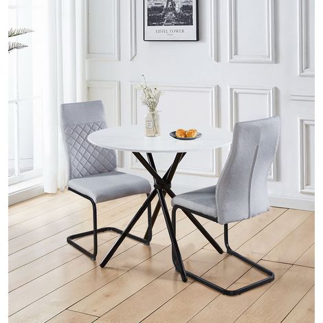 Hallowood Furniture Cullompton Small Dining Table and 2 Chairs Set, White Marble Effect Top Round Table and 2 Chairs with Light Grey, High Back, Cantilever Design, Ideal for Home & Café (1/5)