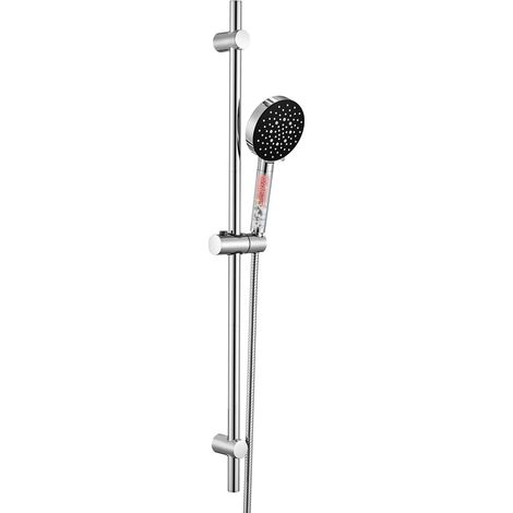 Colonne de Douche sans Robinet avec Douchette 6 Jets-Barre de Douche Réglable 900mm en Acier Inox-Support Coulissant à 360°-Étagère de Rangement Incluse-Finition Chrome et Noir Anti-Corrosion (1/5)