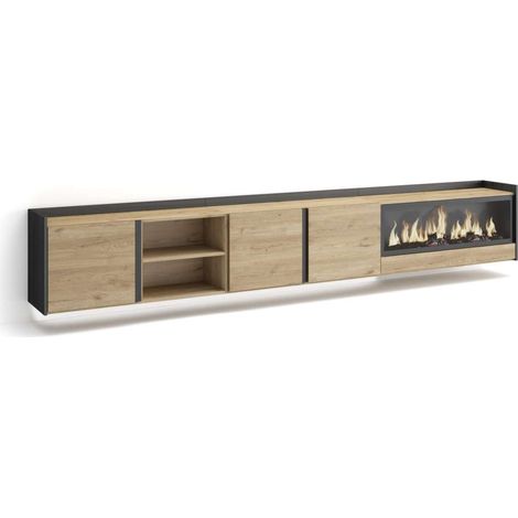 Mueble TV Benamocarra-02 de 315x50x35 cm con chimenea eléctrica y luces LED, suspendido, color roble y negro (1/4)