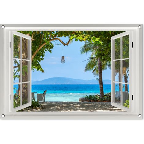 POSTER DE JARDIN Vue - Arbre - Mer - Palmier - Collines - Plage - Bleu 90x60 cm (1/5)