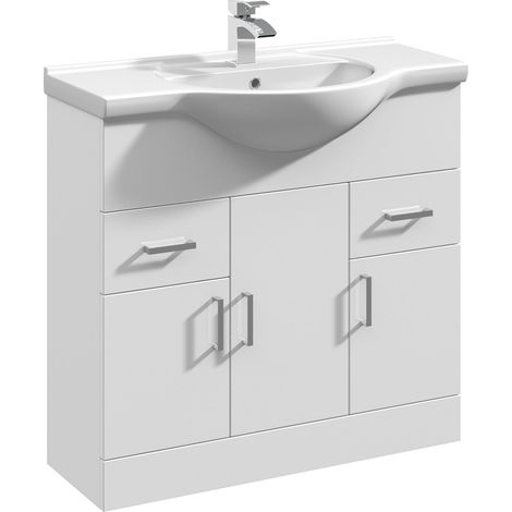 3 Door 2 Drawer Bathroom Vanity Basin Unit with Round Basin - 850mm - Gloss White (1/5)