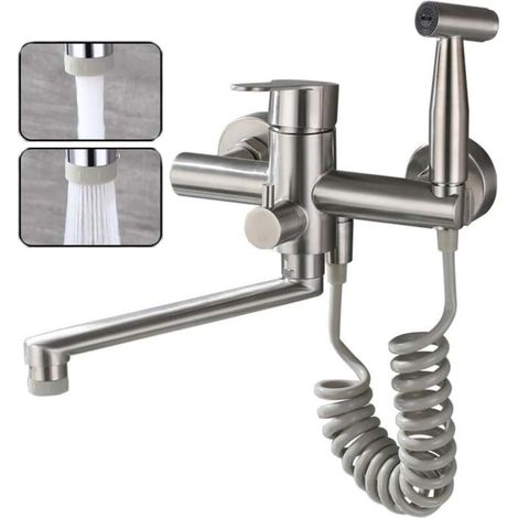 Robinet De Cuisine Montage Mural Tréfilage En Acier Inoxydable 304 De Qualité Alimentaire Avec Pistolet Et 2 Types De Jet D'eau évier Mitigeur Mural Pivotant à 360° Robinetterie (Nickel brossé) (1/5)