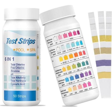 50pcs Bandelette Test Piscine 6 en 1 Tester Chlore Total Chlore Libre/Brome PH Alcalinité Totale Dureté Totale Acide (1/4)