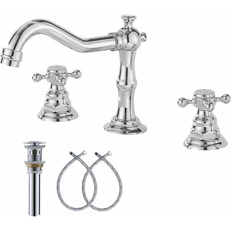 Trimec – Robinet mitigeur de lavabo chromé à 2 poignées – Installation 3 trous 8-16 pouces – Bec aéré pour économie d'eau – Laiton résistant à la corrosion (1/5)