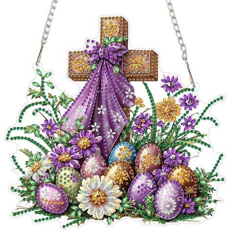 Pâques pendentif Diamond Painting Croix avec œufs colorés, décoration de fenêtre DIY