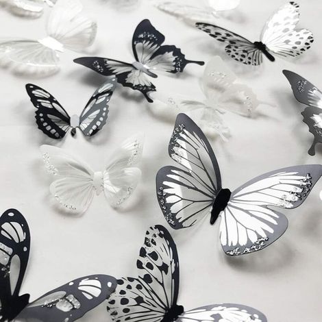 36 Pièces 3D Coloré Papillon Cristal Stickers Muraux avec Adhésif Art Decal Papier Satin Papillons Bébé Enfants Chambre Maison DIY Décor (Noir et Blanc)