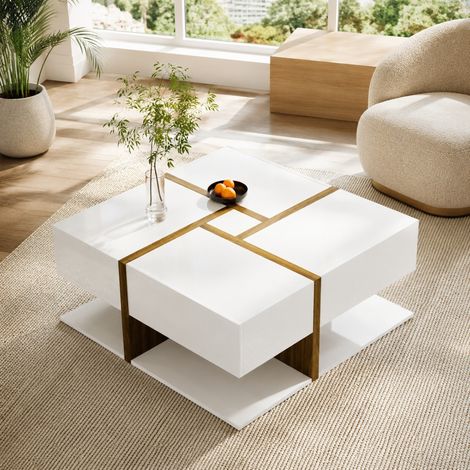 Mesa de centro cuadrada 78 x 78 x 34,8 cm de madera blanca con almacenaje FLORAGRACE (1/5)
