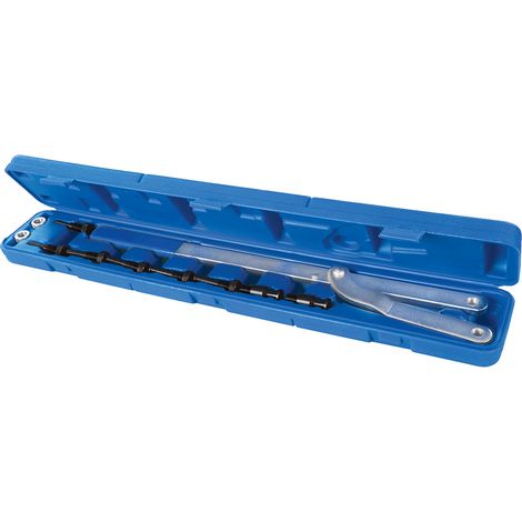 Llave ajustable para poleas de árbol de levas, rango 40-235 mm, incluye adaptadores y tornillos, herramienta esencial para talleres mecánicos. (1/2)