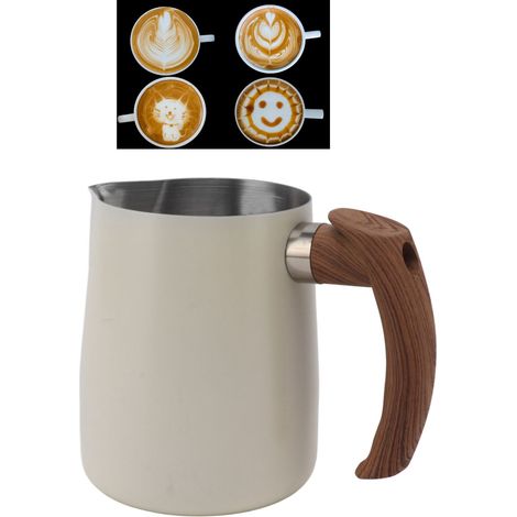 Tasse à latte art avec poignée en bois et bec verseur pointu, pichet à latte art avec graduation interne, tasse à café élégante, tasse à mousse de lait, blanc nacré, 1000 ml (1/5)