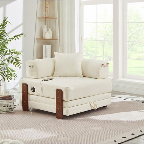 Sofá plegable 2-en-1 con función cama, puertos USB y Type-C, almacenamiento, reposabrazos, beige (1/5)