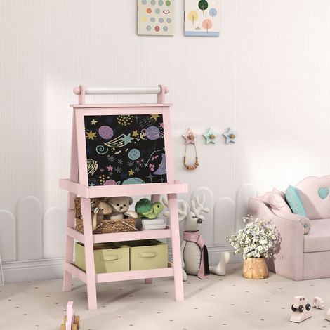 Chevalet enfant 3-en-1 rose avec tableau magnétique blanc, ardoise craie, rouleau de papier, 2 paniers, pour petits de 3 à 6 ans, jeu créatif multifonction. (1/5)