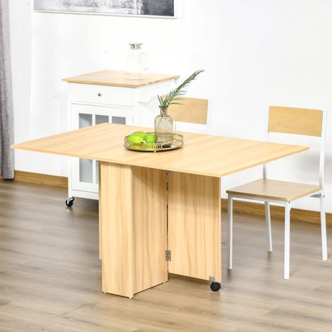Mesa plegable con ruedas, mesa de comedor de diseño, mesa plegable que ahorra espacio, diseño moderno, con ruedas, estantes de almacenamiento, 140 × 80 × 74 cm, madera (1/5)