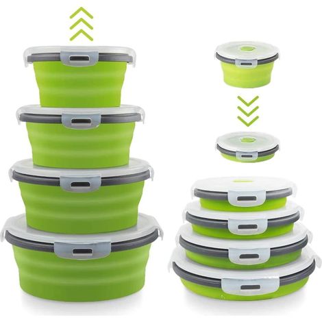 4 cuencos plegables de silicona verde con tapa, ideales para guardar alimentos en autocaravanas, libres de BPA, aptos para microondas y lavavajillas.