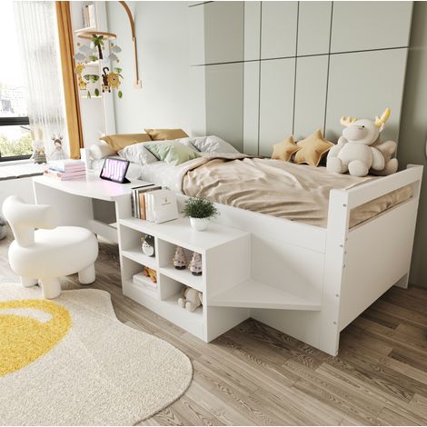 DESVIAE Lit enfant multifonction 90 x 200 cm avec rangements bureau prises USB et prise ronde escalier intégré blanc bois (1/5)