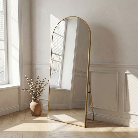Grande specchio da terra 173x63cm, arco, specchio da parete o da appoggio, cornice in alluminio e vetro temperato HD, per camera da letto e ingresso, stile scandinavo moderno(173x63cm, Oro)