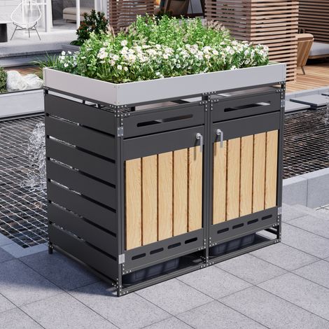 Mülltonnenbox 2 Fächer mit Pflanzkasten Eisen Schwarz OKMYHOME (1/5)