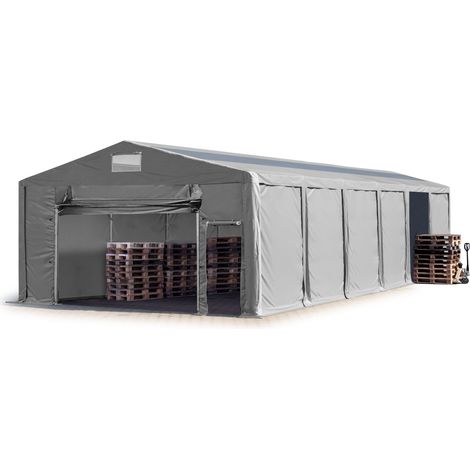 8x12m Tente de stockage TOOLPORT, PVC 850 N gris, H. 3m avec porte actionnée par traction et fenêtres dans le toit